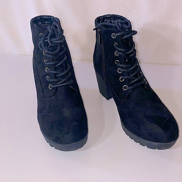 Forever Black Platform Faux Suede String Up Boots - Picture 1 of 8